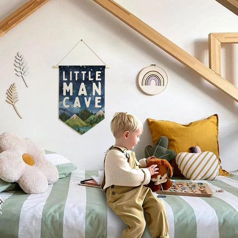 ArtisaEura Little Man Cave Wall Canvas Banners, Mountain Nursery Decor, Woodland Mountain Landscape Hanging Display