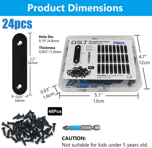 QSJ 24 Pcs Black Straight Bracket Mending Plate, 56mm / 2.2" with Screws and Screwdriver