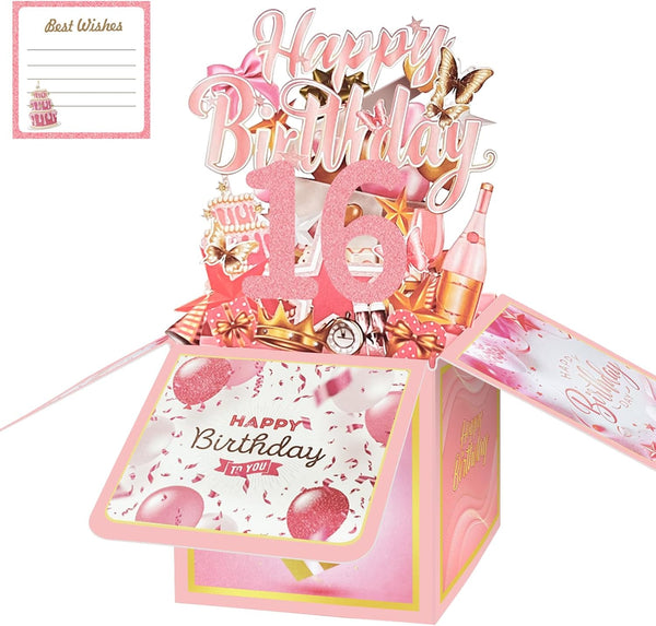 FOBELEC 16th Birthday Card with Envelopes for Girls, Birthday Decorations for Daughter, Sweet