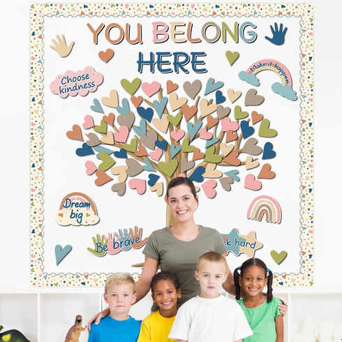 Boho Classroom Tree Bulletin Board Decor You Belong Here Heart Cutouts Border Supplies for Chalkboard Elementary School