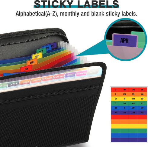 H4D Accordion File Organizer, 13 Pocket Zippered Expanding File Folder with Front Mesh Pouch for A4 Documents, Black