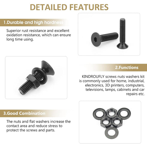 1285 Pieces M2 M3 M4 M5 Screws Nuts Washers Assortment Kit, Metric Screw Set, Fully Machine Thread (Black)