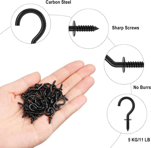 RELBRO 100 Pcs Black Mini Screw Hooks, 1/2 Inch Tiny Metal Screw in Jewelry Hooks for Crafts, Keys, Plants