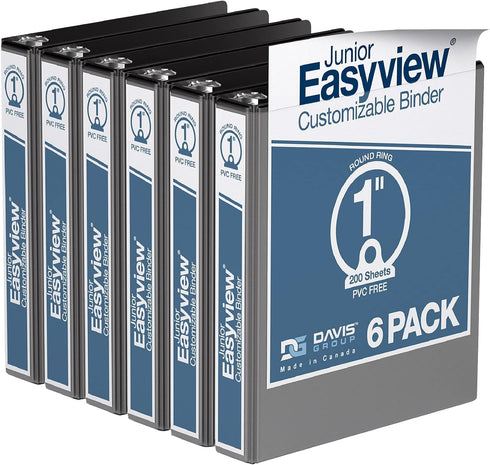 Davis Group Premium Easyview Junior Binder, 1-Inch Mini Binder, Clear-View 3-Ring for School, Office, Black, Made in