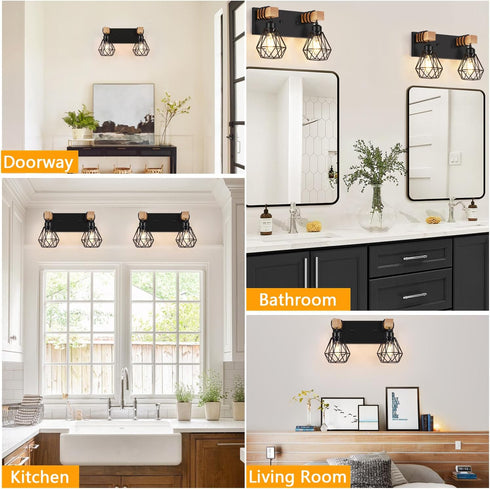 2-Light Bulbs FadimiKoo Rustic Style Wood Bathroom Wall Sconce, Farmhouse Vanity Lighting Fixture fopr Bathroom