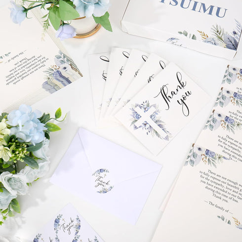 50Pcs FYSUIMU Funeral Thank You Card Cross Flower Sympathy Boxed Thank You Card with Sticker Envelope Blue Floral