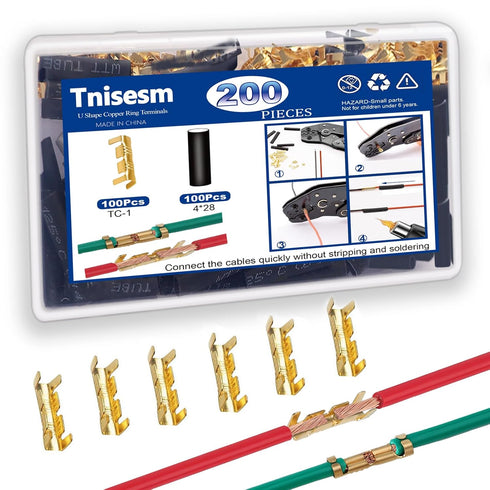 Tnisesm 200Pcs U Shape Copper Ring Terminals - Open Barrel Crimp Terminals with Heat Shrink Tube for Automotive
