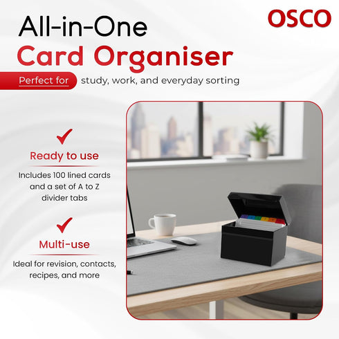 Osco 100 5" 3", 127 76 mm Black Hi-Gloss Plastic Index Box, Small, A to Z Divider Tabs, Lined Note Cards, x Ruled
