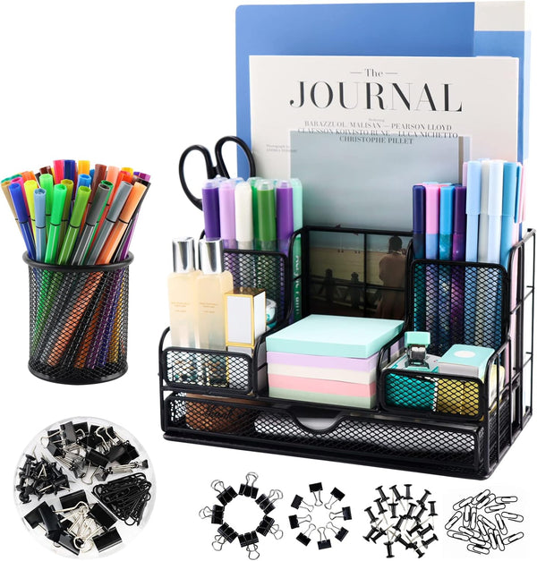 Desk Organizers Caddy with 7 Compartments + Pen Holder, Black Mesh Office Supplies Desktop Organizer