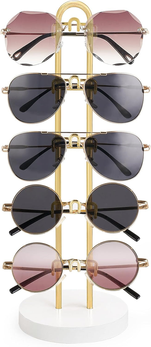 Mkono Sunglasses Organizer for 5 Pairs, Metal Frame with Wood Base, Gold, Eyeglasses Rack for Table, Set of 1