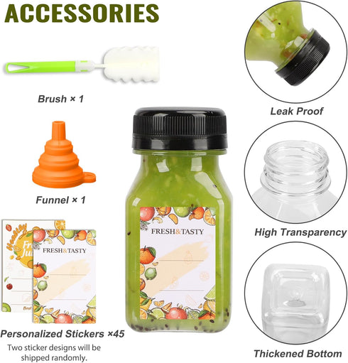 45pcs 4oz TOMNK Juice Bottles with Caps, Plastic Containers with Lids Empty Reusable Clear Ginger Shots Bottles