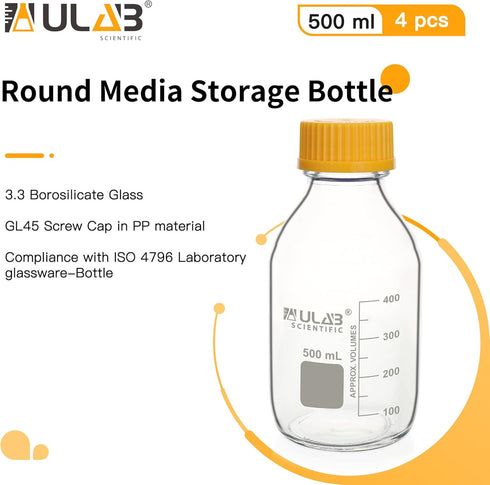 ULAB Round Media Storage Bottle, Vol.500ml(16.9oz) 3.3 Borosilicate Glass Bottles with GL45 Screw Cap, Pack of 4, URB1037 by ULAB