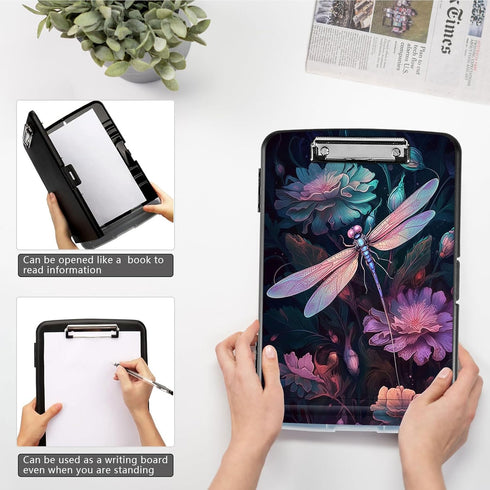 High Capacity Dragonfly Storage Clipboard - 9.5x14" with Pen Holder for Women & Kids, Ideal for Work & School