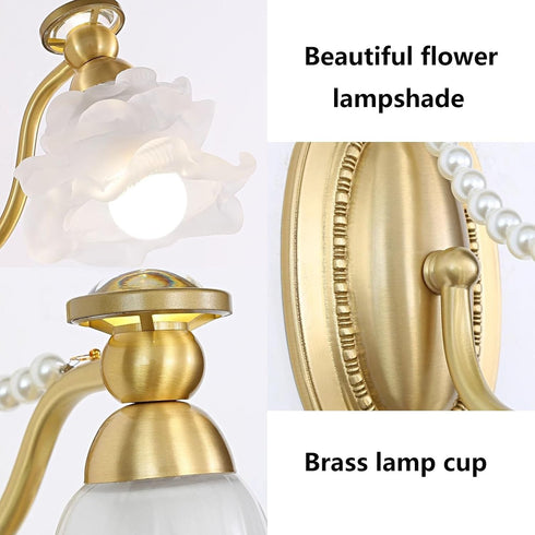 Generic E14 European Vintage Brass Wall Sconce, Romantic Floral Glass Shade with Faux Pearl Accents, LED Light Fixture