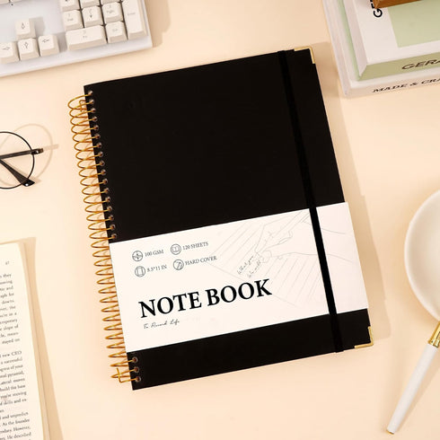 FLYING EAGLE Black Spiral Notebook, College Ruled 8.5 X 11, Large Hardcover Notebooks for School Supplies, 200 Pages