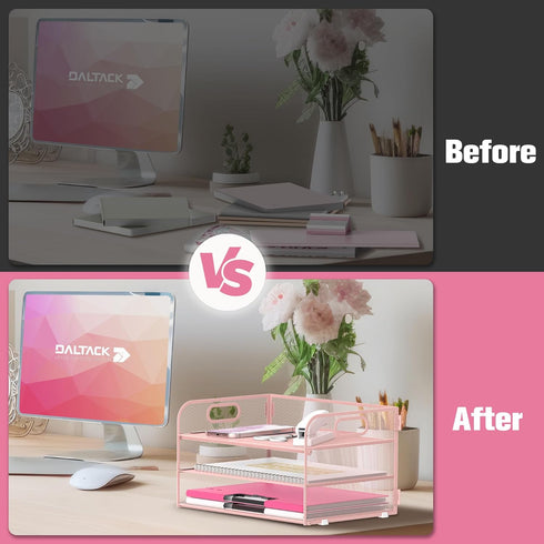Daltack 3-Tier Paper Organizer - Mesh Desk Letter Tray with Handle for A4 File Folder, Pink