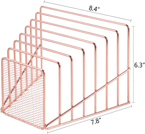 Simmer Stone Incline File Sorter, 7 Slot Magazine Holder for Letter, Document, Folder and Book, Metal Desktop Organizer Rack for Home, School and Office, Rose Gold
