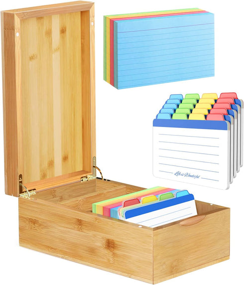 Neando Bamboo Index Card Holder, 3’’x5’’ Index Card Box with Dividers, Wood Recipe Box for 600 Cards