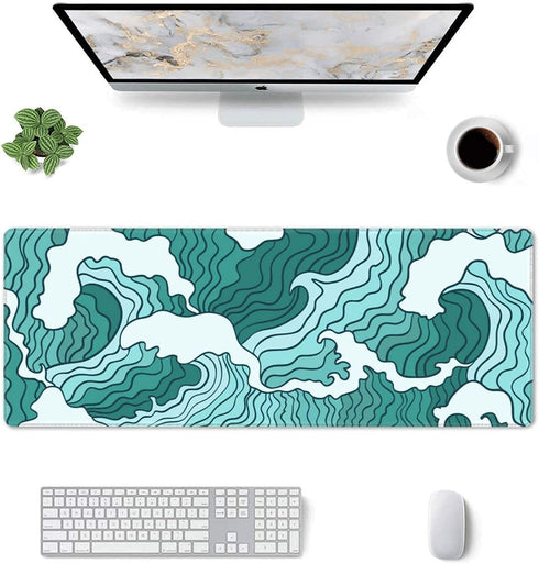 Japanese Green and White Wave Gaming Mouse Pad XL, Non Slip Rubber Base Mousepad, Stitched Edges Desk Pad, Extended Large Mice Pad,31.5 X 11.8 Inch by MOLIAN