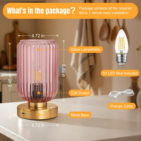 Dimmable Bulb LigthRound Touch Table Lamp for Bedroom, Cordless Bedside Small Table Lamp, Rechargeable Battery Operated