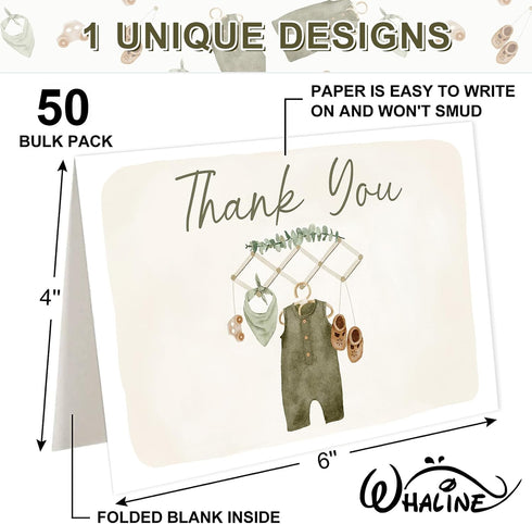 50 Pack Whaline Baby Shower Thank You Cards Boxed Vintage Green Cloth Note Cards with Envelopes Stickers Greeting Blank