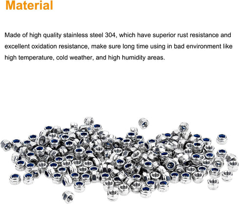 200 Pieces M3 x 0.5mm 304 Stainless Steel Self-Lock Nylon Inserted Hex Lock Nuts