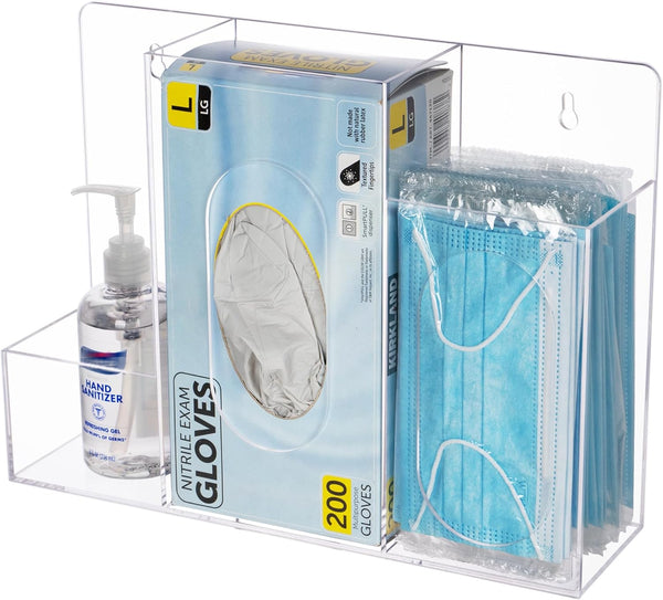 Triple Hygiene Dispenser Sanitation Station, Acrylic Holder for Masks, Gloves, Hand Sanitizer, Clear