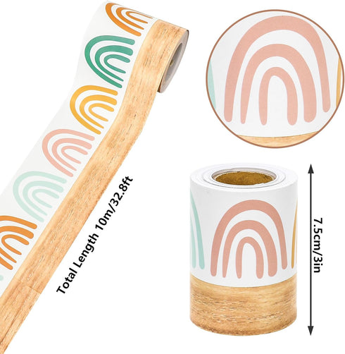 Whaline 32.8ft Boho Bulletin Board Borders Boho Rainbow Wood Grain Die-Cut Rolled Border Trim for School Classroom Home Chalkboard Decoration