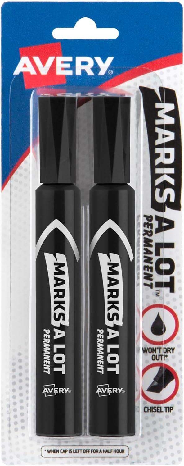 Avery Marks-A-Lot Permanent Markers, 2 Black Regular Desk-Style Size, Chisel Tip, Water & Wear Resistant