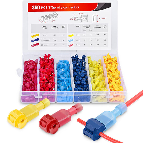 Nilight 360PCS T-Tap Wire Connectors Self-Stripping Quick Splice Electrical Terminals Assortment Kit with Case