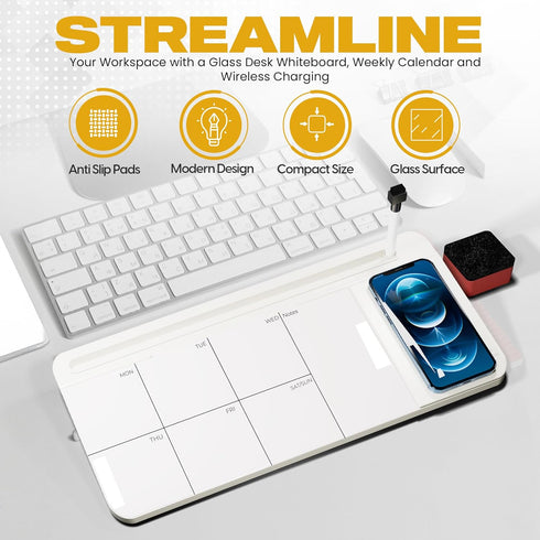 NEXTLUXE Small Glass Desk Whiteboard with Wireless Charger, Weekly Calendar Planner, Dry Erase Computer Pad, Organizer