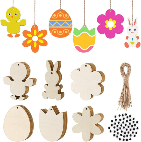 Cakina 6pc Chandelier Crystals Lamp Wooden Festival Pendant Easter Wooden Crafts Easter Egg Rabbit Party Decoration DIY