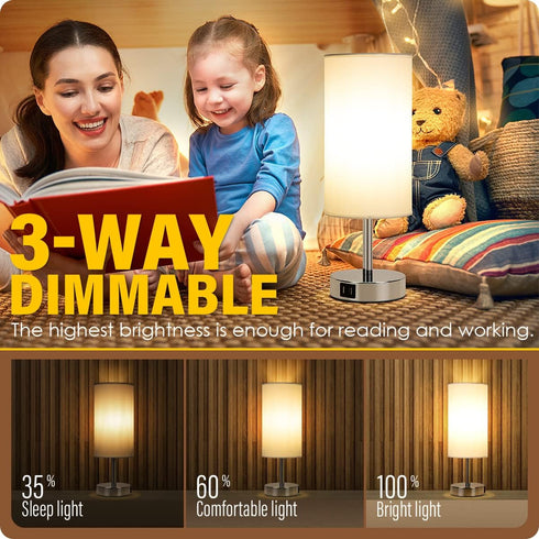 Yarra-Decor Bedside Lamp with USB Port, Touch Control 3 Way Dimmable Nightstand Lamp with Round White Shade