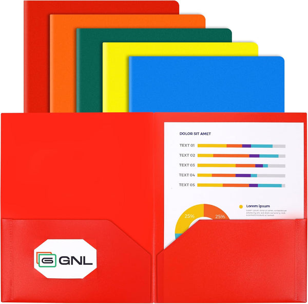 GNL Plastic Folders with Pockets, Pack of 5, Colored Heavy Duty 2 Pocket File Folders, Letter Size for School, Home,