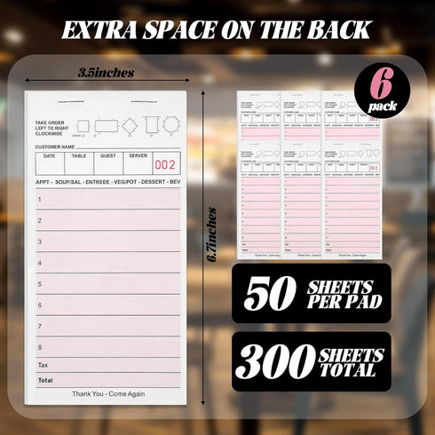 6 Pack 300 Server Note Pads, Pink Guest Checks Books for Servers, Server Pads, Total Sheets Server Paper, Waitress