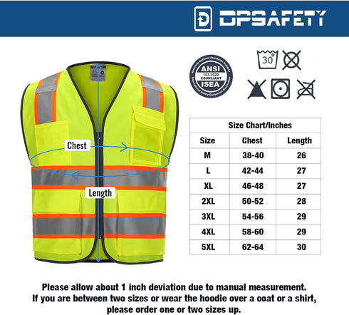 9 Pockets High Visibility Class 2 Safety Vest, Hi Vis Vest with 2 Inch Wide Reflective Strips, Zipper Construction Work