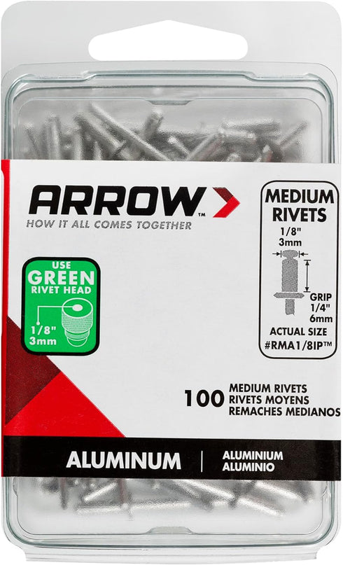 Arrow Medium Aluminum 1/8-Inch Pop Rivets for Metal, Fabric, Leather, and Auto Repair, 100-Pack, RMA1/8IP