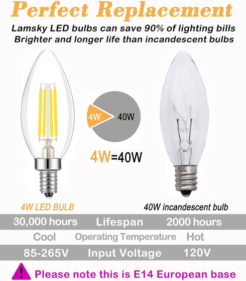 E14 Base LED Filament Candle Shape Bulb, 40W Equivalent, Daylight 6000K 400LM, C35 Clear Glass Torpedo Shape,