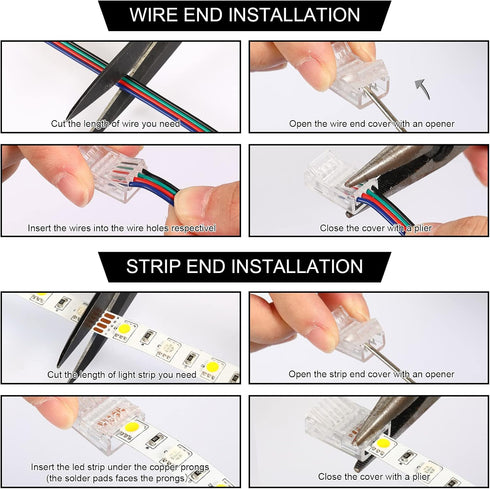 10 Pack 4 Pin LED Strip Light Connectors, 10 mm Solderless LED Strip Connector for Waterproof RGB Lights