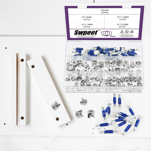 Swpeet 100Pcs 4 Sizes 3 in 1 Furniture Connecting Cam Lock Eccentric Wheels with Blue Dowel Pre-Inserted Bolts