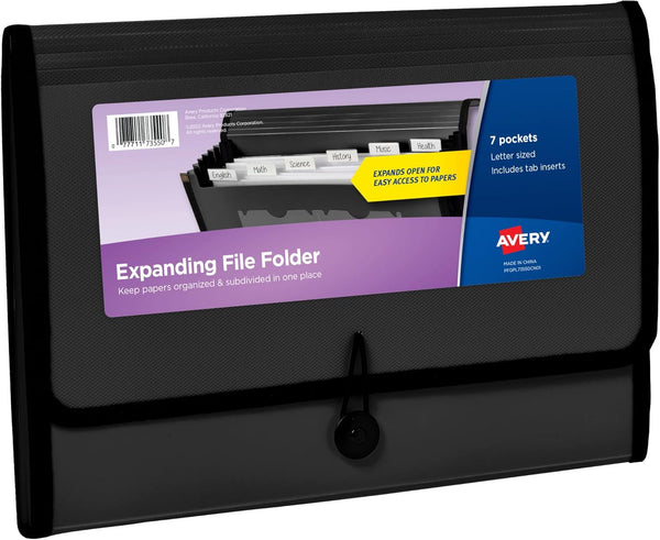 Avery Expanding File Folder Organizer, 7-Pocket Accordion, Black, Holds 425 Letter/A4-Size Sheets