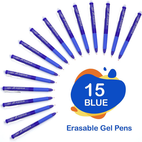 Erasable Gel Pens, 15 Pack Blue Retractable Erasable Pens Clicker, Fine Point, Make Mistakes Disappear, Blue Ink for Writing Planner and Crossword Puzzles by Lineon
