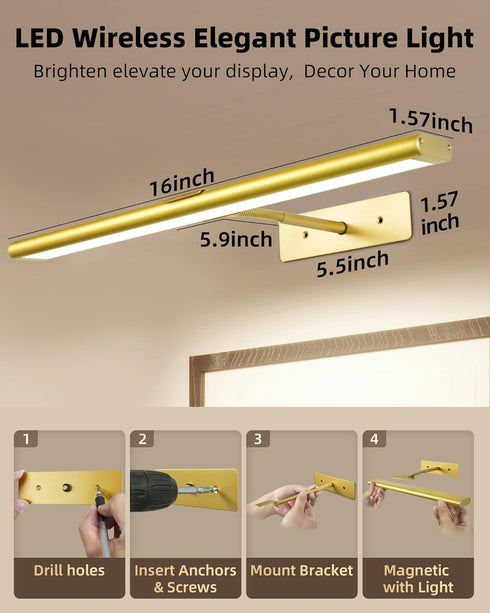 4800mAh 16in Dimmable 3 EZVALO Picture Light for Wall, Rechargeable Wireless Remote, Magnetic LED Art Display Light
