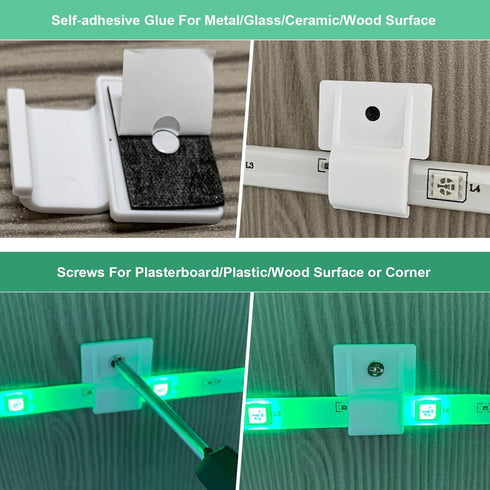 8-10mm (100 Pack) Mounting Clips for Permanent Outdoor Lights, LED Strip Lights with Self-Adhesive Tape + Screws, Ideal