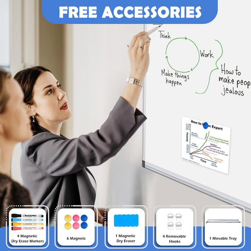 WALGLASS Magnetic White Board, 36" x 24" Double-Sided Dry Erase Board for Wall, Horizontal or Vertical, Silver