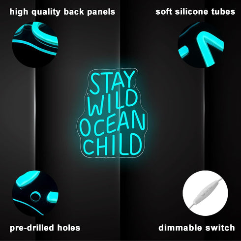 Dimmable Gift(10.2 13in) Stay Wild Ocean Child Neon Sign, LED Kids Room Neon Light, Boho Surf Wall Art Kids Ocean Surf
