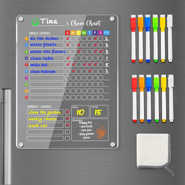 PigPotParty Magnetic Acrylic Chore Chart for Kids, 12" x 16", Responsibility Chore Chart for Fridge, Weekly Dry Erase