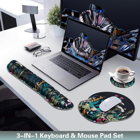 QOMOLAMA Set, 3-in-1 Set, Mouse Pad with Wrist Rest Wrist Support Mouse Pad Floral Gaming Mousepad with Anti-Skid
