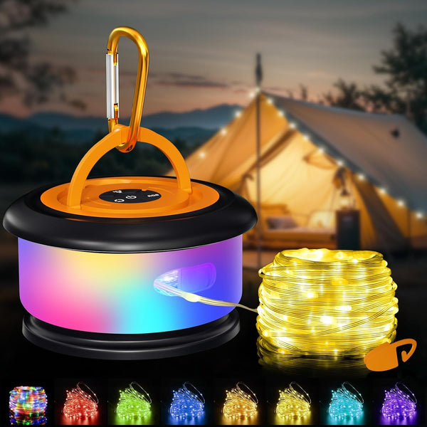 Camping String Lights, Retractable 32.8ft RGB Flash Lamp, Rechargeable LED Fairy Lights