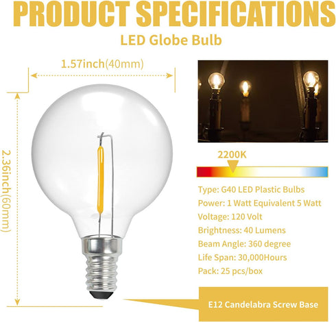 G40 Light Bulbs Replacement,1 Watt Shatterproof Plastic LED Globe Bulbs for Outdoor Indoor String Lights,E12 or C7 Candelabra Base, Equivalent 5Watt Incandescent Bulbs, Warm White, 25Pack by ECOVANIA